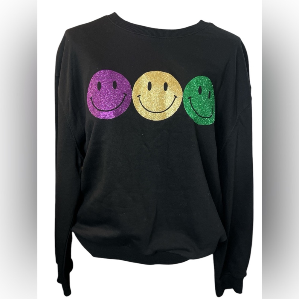 Black Mardi Gras Sweat Shirt with Glitter Smiley Face Accent, Size: Large - Picture 3 of 7